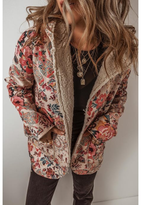 Beige Vintage Paisley Blommönstrad Sherpa Fodrad Huvtröja - Image 6