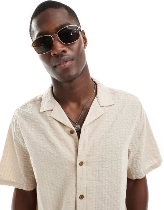 ASOS DESIGN co-ord 90s oversized shirt in seersucker texture in stone-Neutral - Image 1
