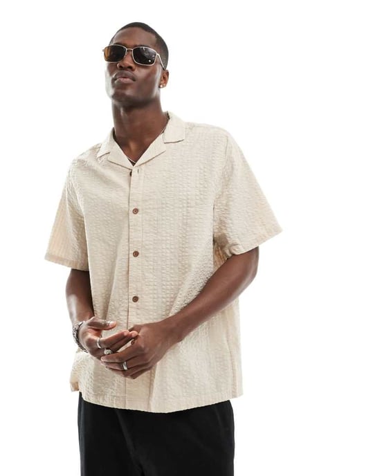 ASOS DESIGN co-ord 90s oversized shirt in seersucker texture in stone-Neutral - Image 2