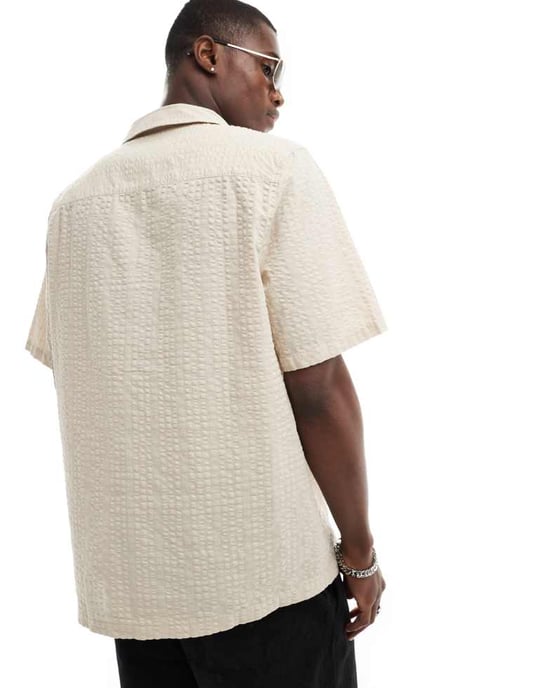 ASOS DESIGN co-ord 90s oversized shirt in seersucker texture in stone-Neutral - Image 4