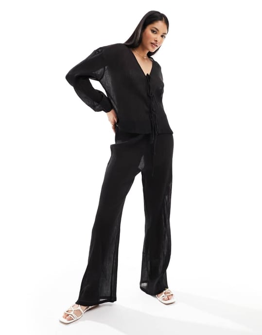 Esmee beach drawstring textured trouser co-ord in black - Image 1