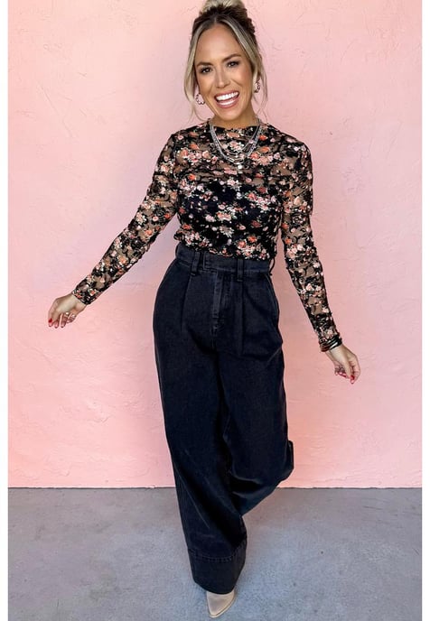 Black Floral Mesh Sheer Long Sleeve Top - Image 2