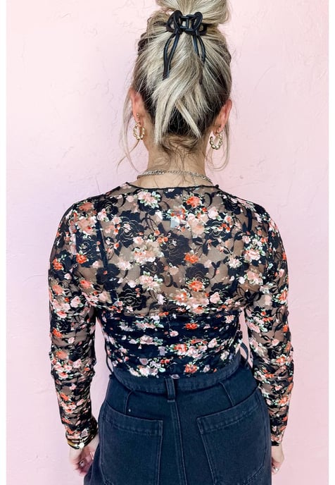 Black Floral Mesh Sheer Long Sleeve Top - Image 3