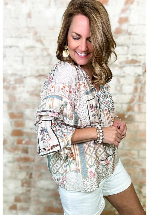 Multicolour Boho Floral Patched Ruffled Sleeve Tied Neck Blouse - Image 1