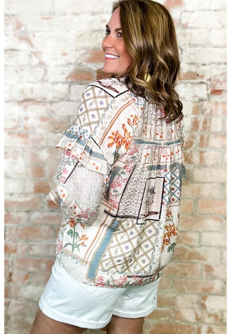 Multicolour Boho Floral Patched Ruffled Sleeve Tied Neck Blouse - Image 2