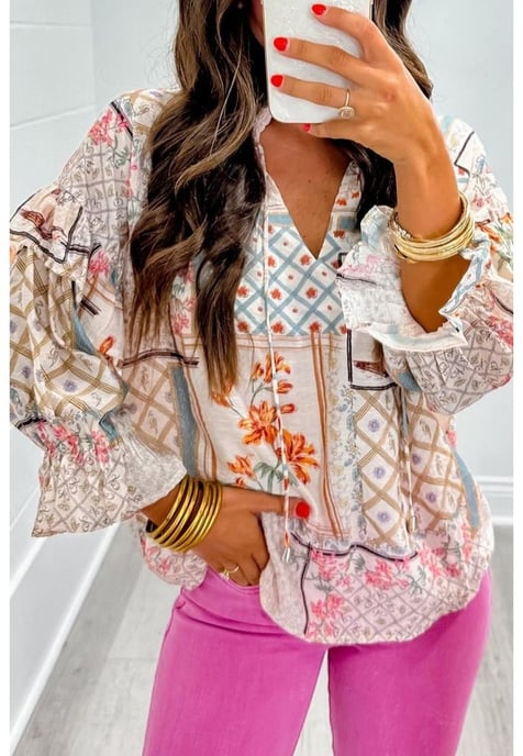 Multicolour Boho Floral Patched Ruffled Sleeve Tied Neck Blouse - Image 3