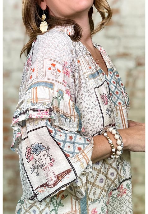 Multicolour Boho Floral Patched Ruffled Sleeve Tied Neck Blouse - Image 5