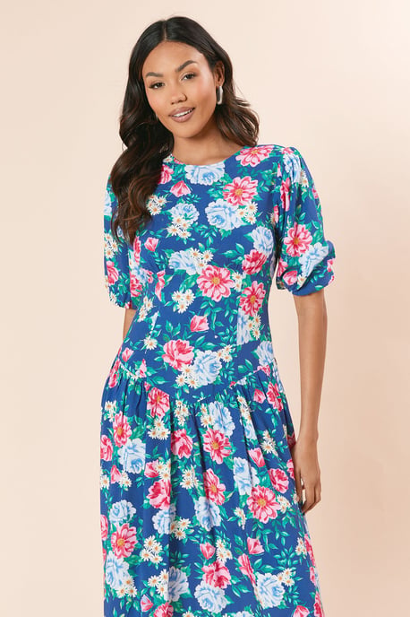 Floral Drop Waist Puff Sleeve Midi Dress - Image 2
