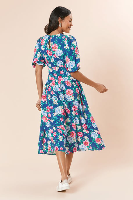 Floral Drop Waist Puff Sleeve Midi Dress - Image 4