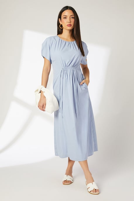 Blue Drawstring Waist Detail Woven Dress - Image 1