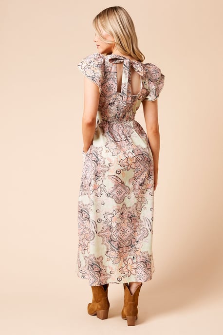 Paisley Lace Trim Ruffle Sleeve Poplin Midi Dress - Image 3