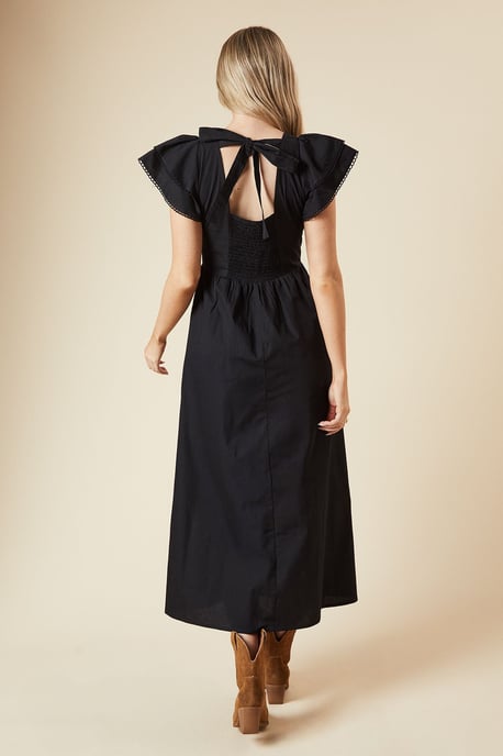 Black Lace Trim Ruffle Sleeve Poplin Midi Dress - Image 3
