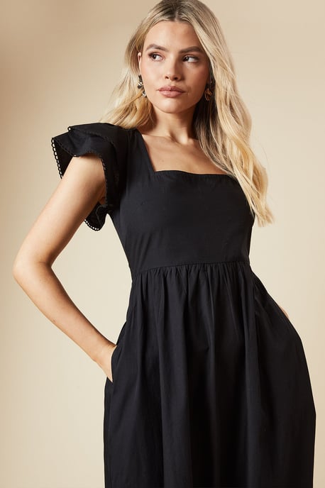 Black Lace Trim Ruffle Sleeve Poplin Midi Dress - Image 4