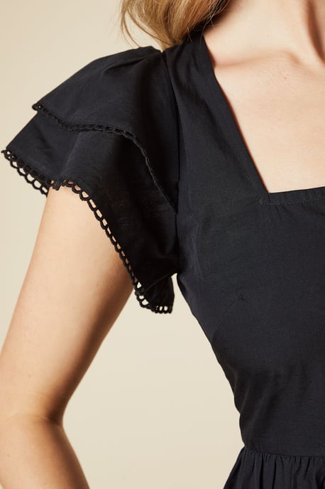 Black Lace Trim Ruffle Sleeve Poplin Midi Dress - Image 5