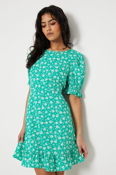 Petite Green Floral Frill Hem Mini Dress - Image 4
