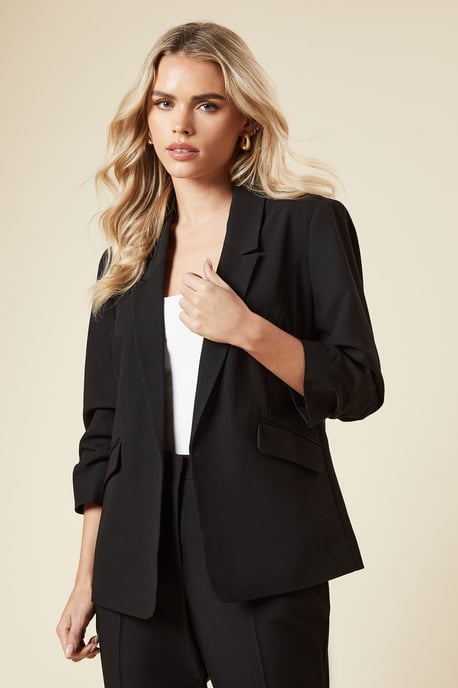 Petite Black Ruched Sleeve Blazer - Image 1