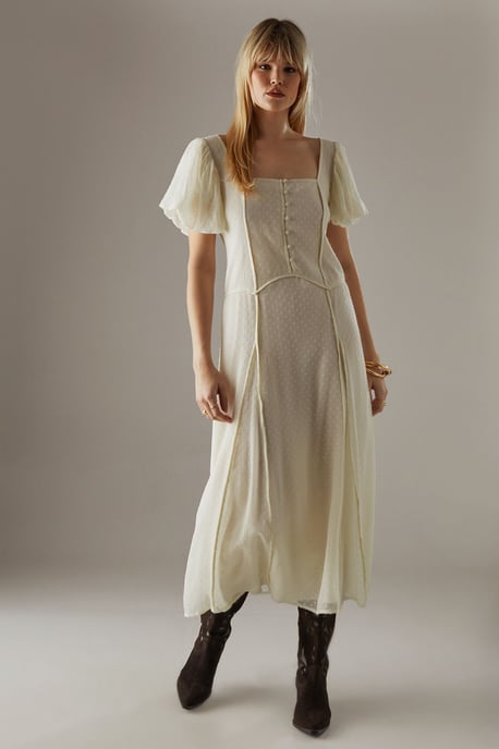 Dobby Chiffon Button Bodice Godet Seam Midi Tea Dress - Image 1