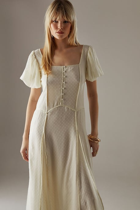 Dobby Chiffon Button Bodice Godet Seam Midi Tea Dress - Image 2