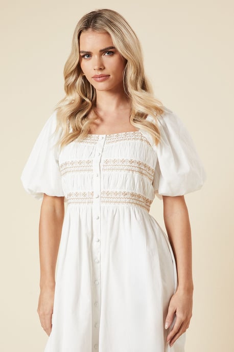 Petite Embroidered Bust Button through Poplin Midi Dress - Image 2