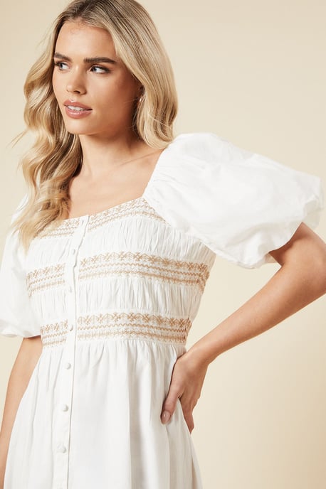 Petite Embroidered Bust Button through Poplin Midi Dress - Image 4