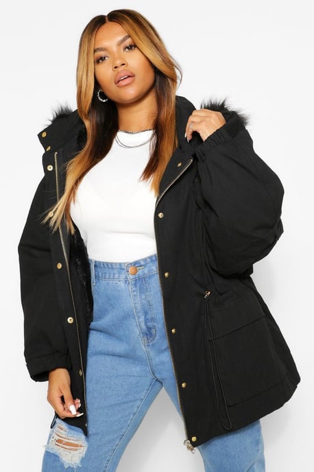 Plus Faux Fur Lined Hooded Parka Coat - Image 1