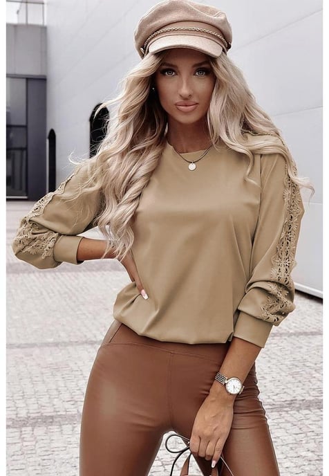 Licht Franse Beige Kant Gehaakte Patched Crew Neck Top - Image 2