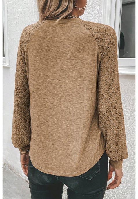 Light French Beige Contrast Lace Raglan Sleeve Plicate Round Neck Top - Image 2