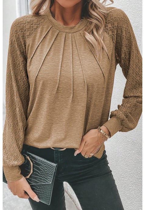 Light French Beige Contrast Lace Raglan Sleeve Plicate Round Neck Top - Image 3