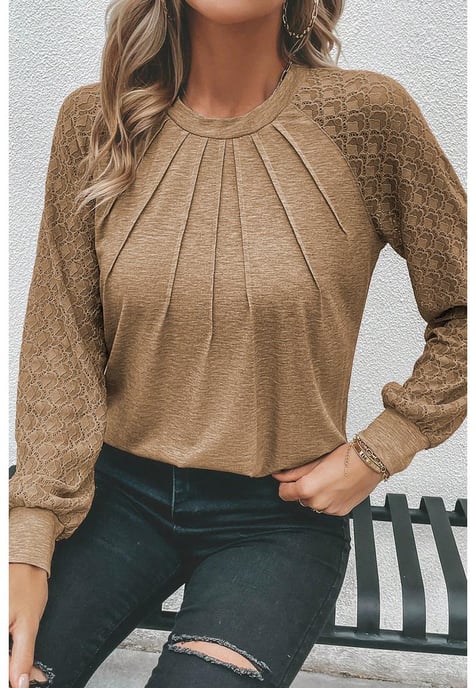 Light French Beige Contrast Lace Raglan Sleeve Plicate Round Neck Top - Image 4