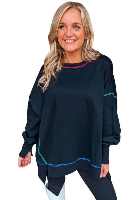Azura Exchange Black Contrast Stitching Split Baggy Sweatshirt - Image 2