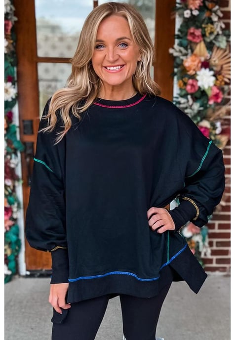Azura Exchange Black Contrast Stitching Split Baggy Sweatshirt - Image 3
