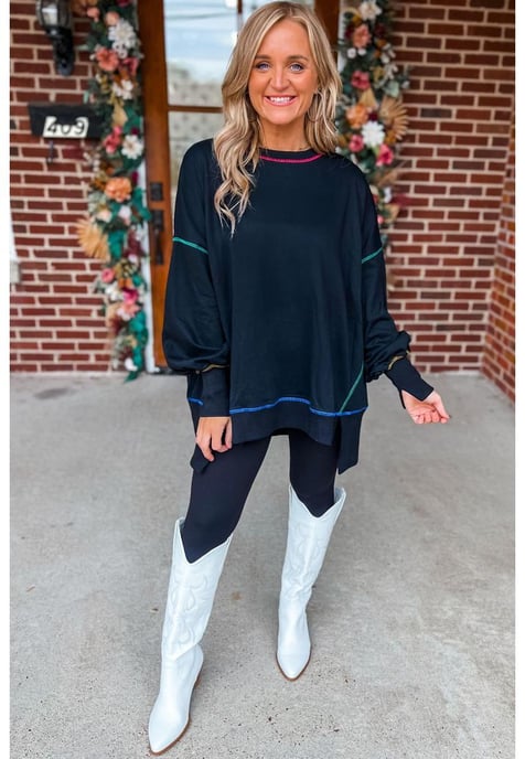Azura Exchange Black Contrast Stitching Split Baggy Sweatshirt - Image 5