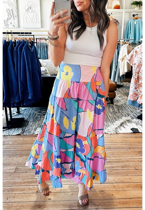 Pink Printed Pocketed High Waist Maxi Skirt - Image 2