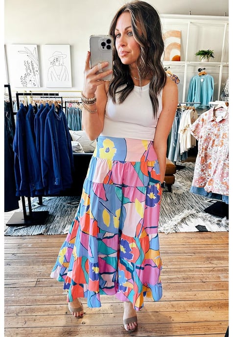 Pink Printed Pocketed High Waist Maxi Skirt - Image 3