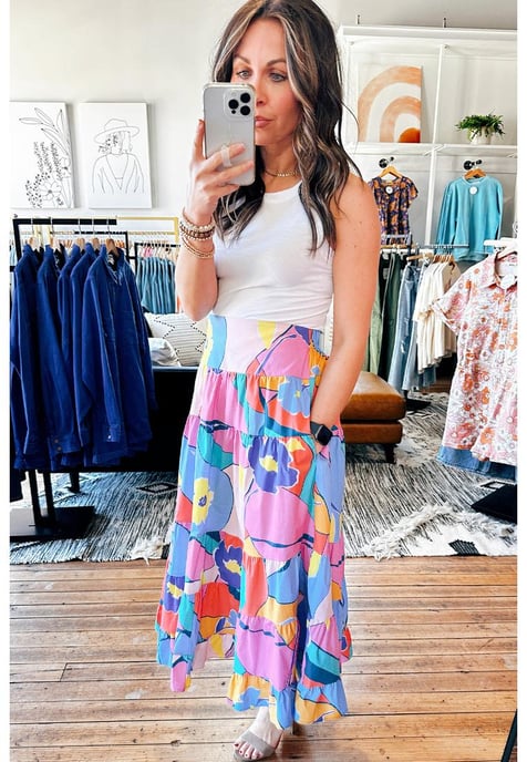 Pink Printed Pocketed High Waist Maxi Skirt - Image 5