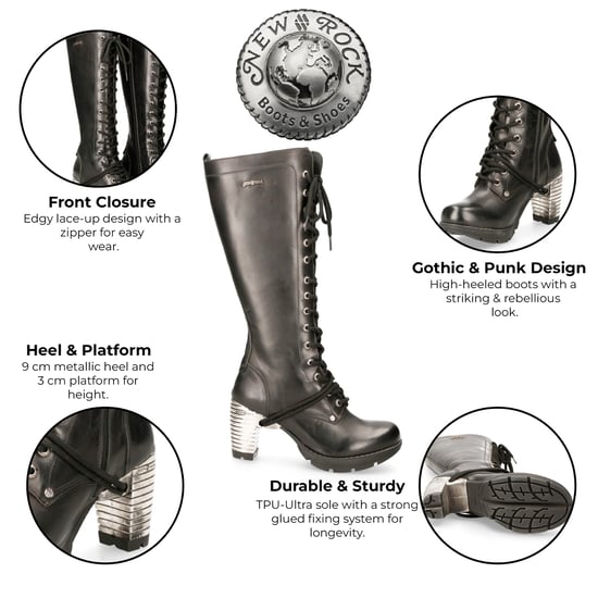 New Rock M-TR005-S1 Ladies Knee High Black Gothic High-Heeled Boots - Image 2