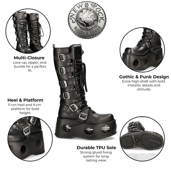 New Rock M-272-S2 Neptuno Metallic Knähöga svarta gotiska stövlar i läder - Image 2