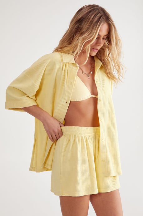 NastyGal Womens Green Ribbed Towelling Beach Shirt and Shorts Two Piece Set - Image 1