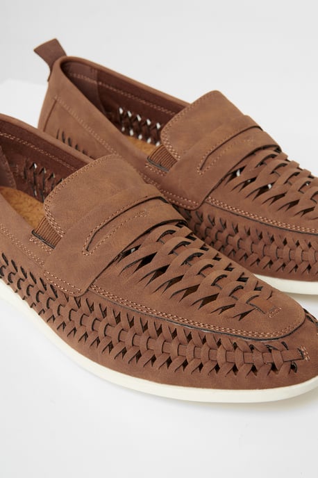 Tan Faux Suede Woven Loafers - Image 3
