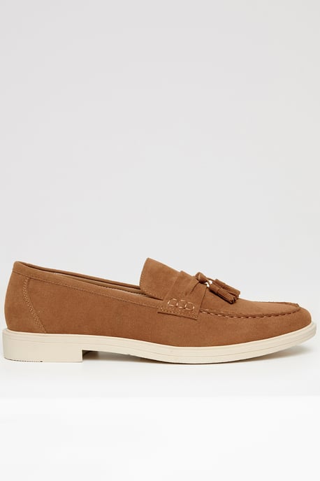 Tan Faux Suede Tassel Loafers - Image 1