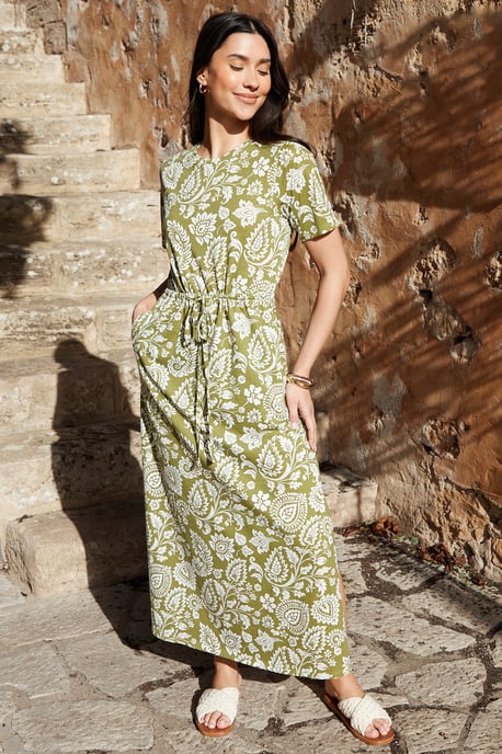 Khaki Ruched Waist Jersey Midi Dress - Image 1