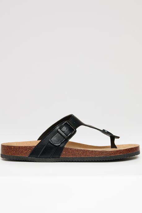 Black Faux Leather Toe Post Sandals - Image 1