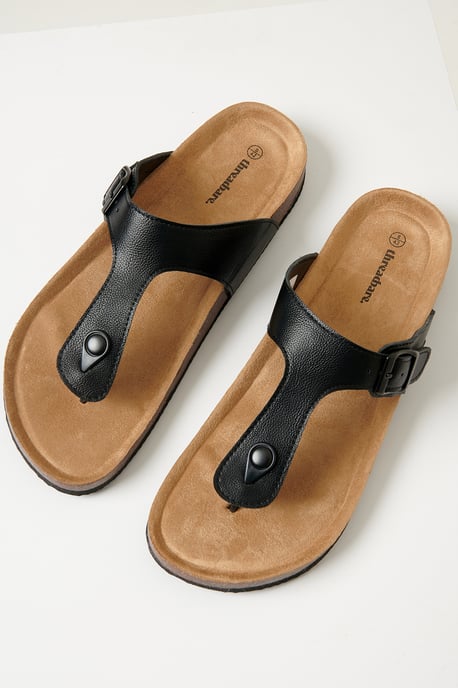 Black Faux Leather Toe Post Sandals - Image 2