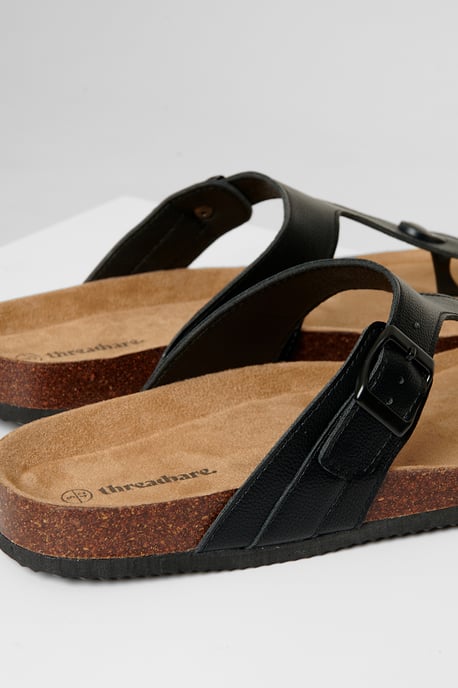 Black Faux Leather Toe Post Sandals - Image 4