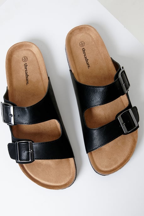 Black Slip On Two Buckle Strap Sandals - Image 2
