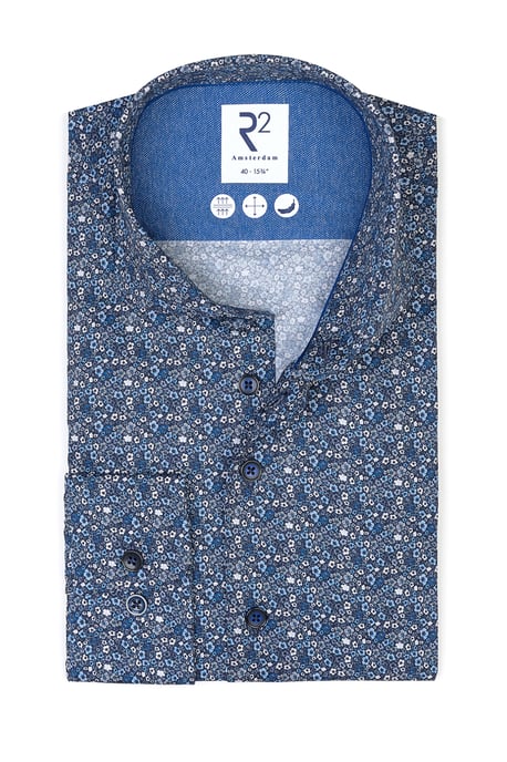 R2 Cut Away Collar Long Sleeved Shirt Blue Floral Patterned - Image 1