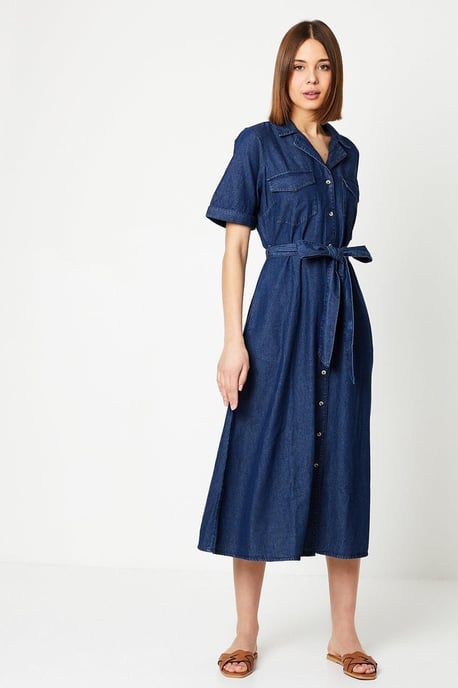 Denim Belted Button Through Midi Dress - Image 2