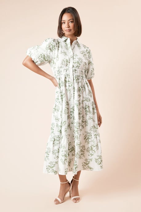 Green Floral Poplin Tiered Button Front Shirt Dress - Image 1