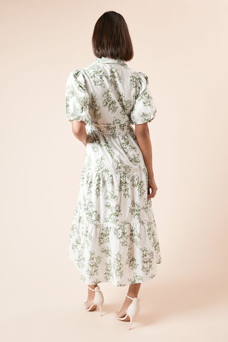 Green Floral Poplin Tiered Button Front Shirt Dress - Image 3