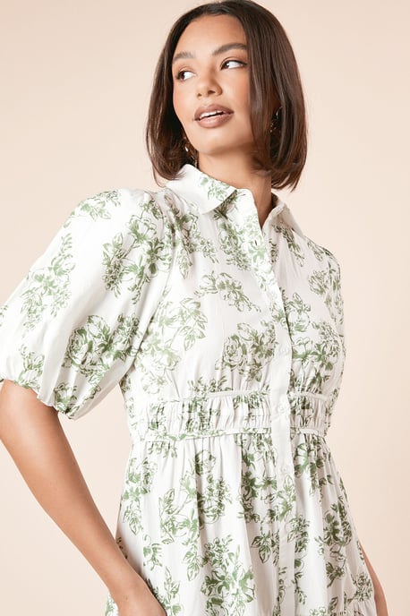Green Floral Poplin Tiered Button Front Shirt Dress - Image 4